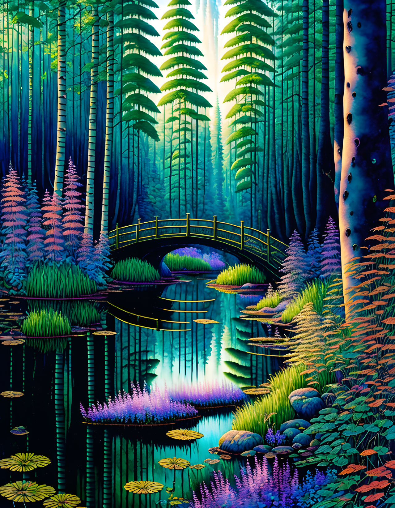 Tranquil bamboo forest with bridge over pond amid lush ferns