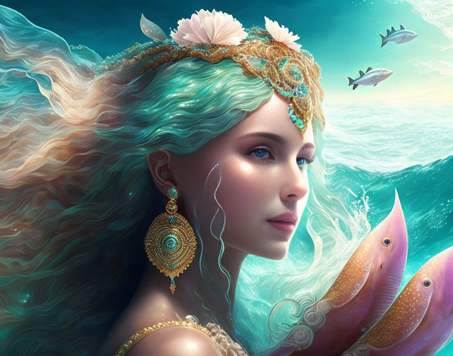 Mermaid with Turquoise Hair and Pearl Headpiece in Underwater Scene