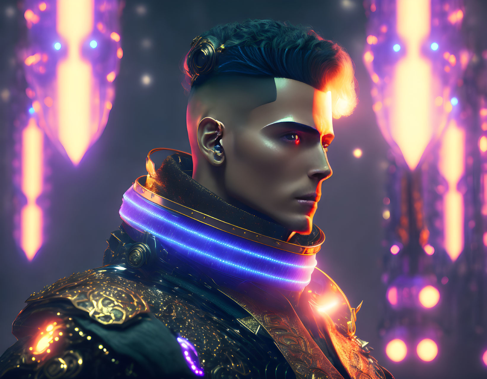 Futuristic portrait of a man with illuminated collar and stylized hair against glowing purple backdrop