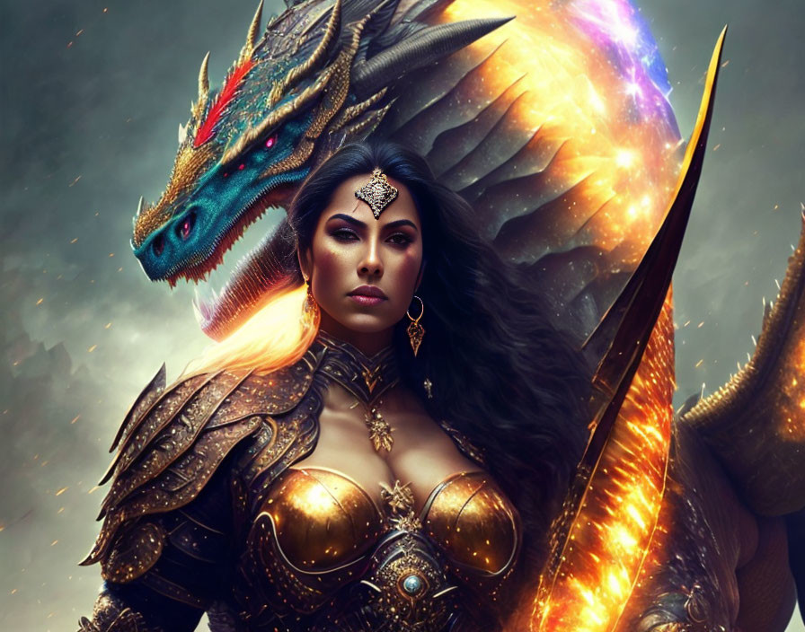 Warrior woman in ornate armor with dragon in mystical setting