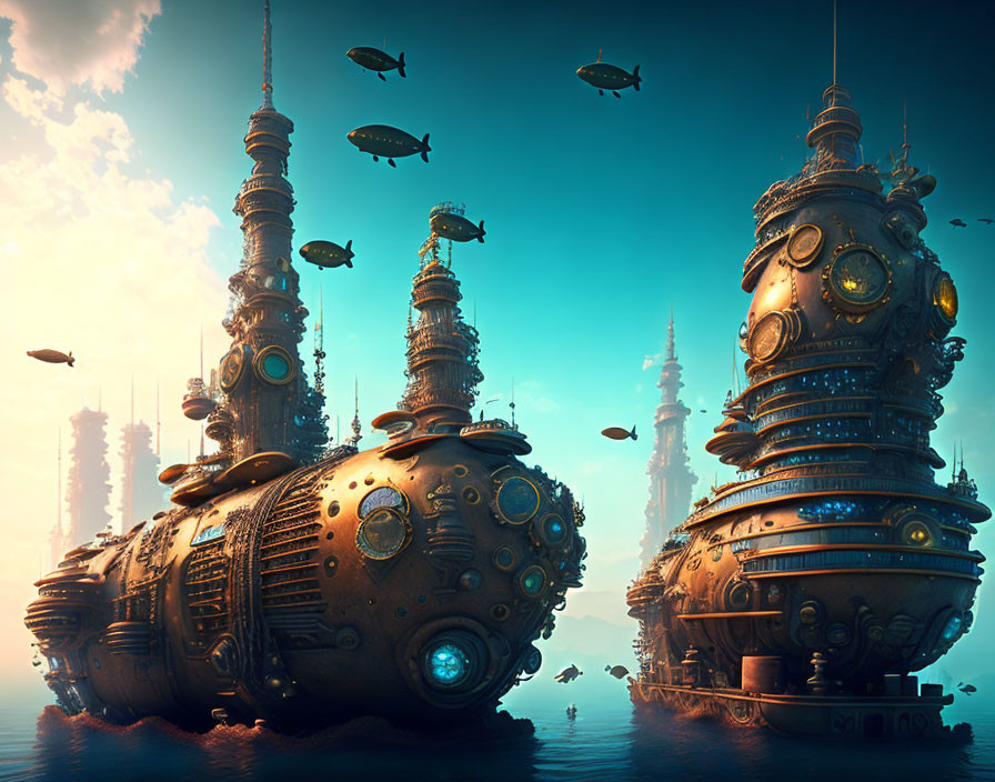 Steampunk-style futuristic cityscape with flying vessels in hazy sky