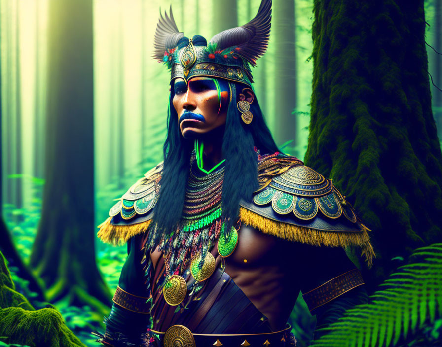 Stoic warrior in native armor in mystical forest with sunrays.