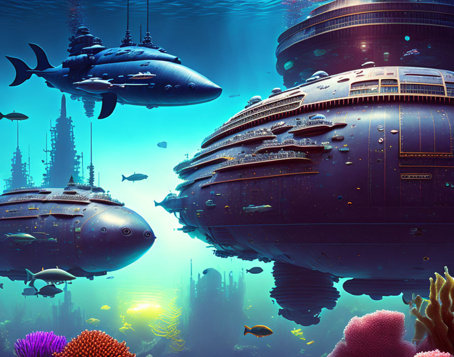 Futuristic submarines and domed structures in underwater scene