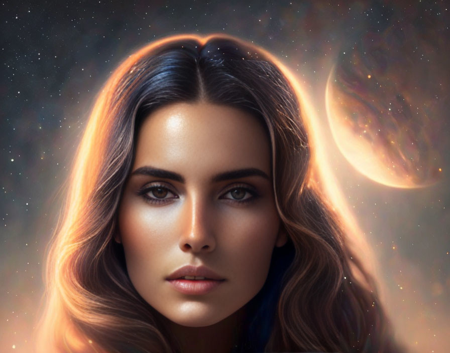 Dark-haired woman with smooth skin in cosmic scene.