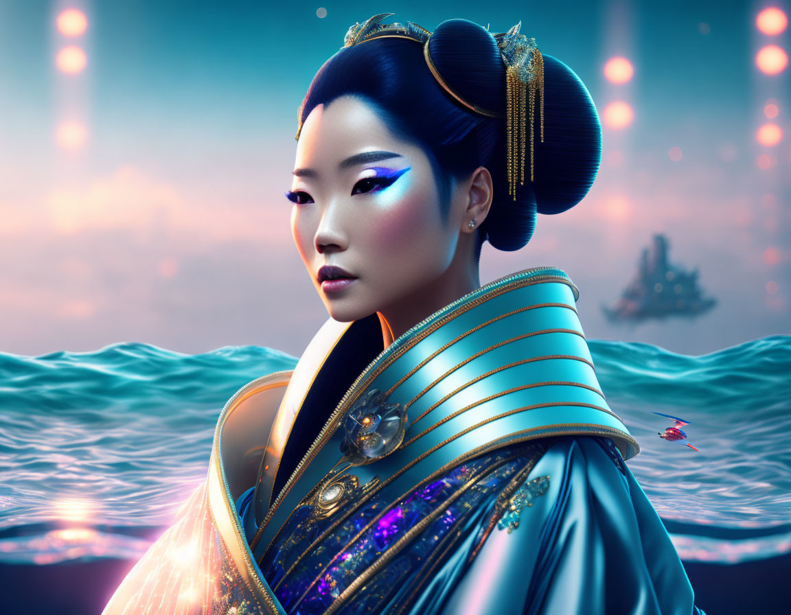 Digital artwork of woman in East Asian hairstyle & futuristic attire by sea with lamp-lit boats