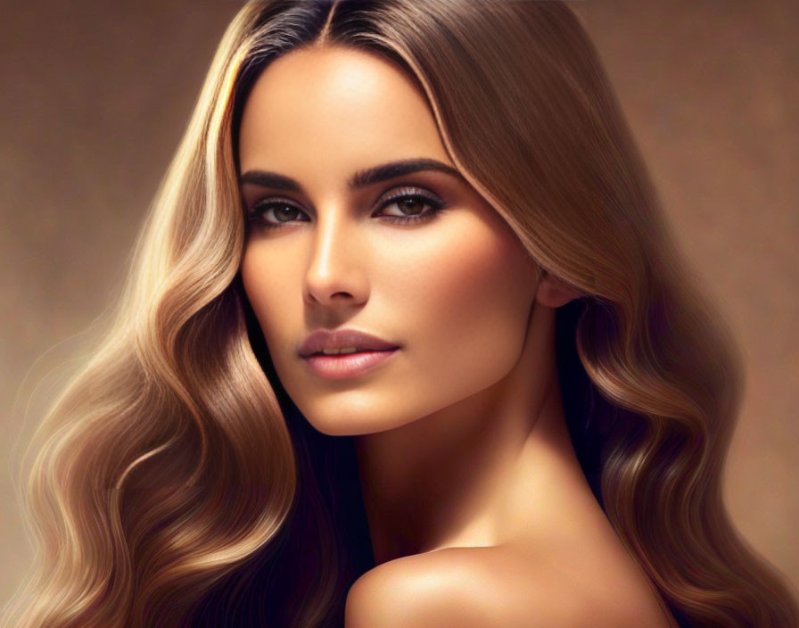 Woman with Flowing Wavy Hair and Serene Expression on Warm Background