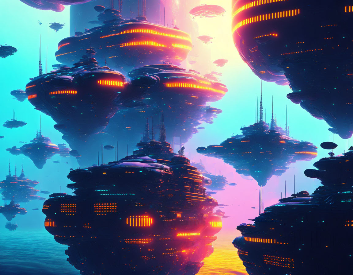 Neon-lit floating cities with flying crafts in twilight ambiance