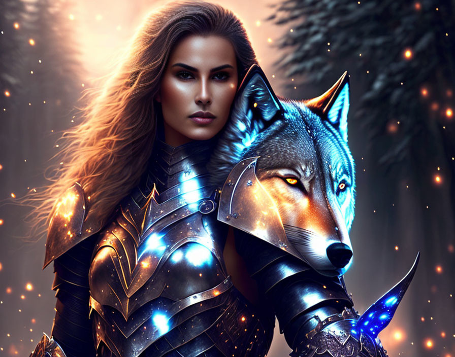 Fantasy digital art: Woman in armor with wolf in mystical forest