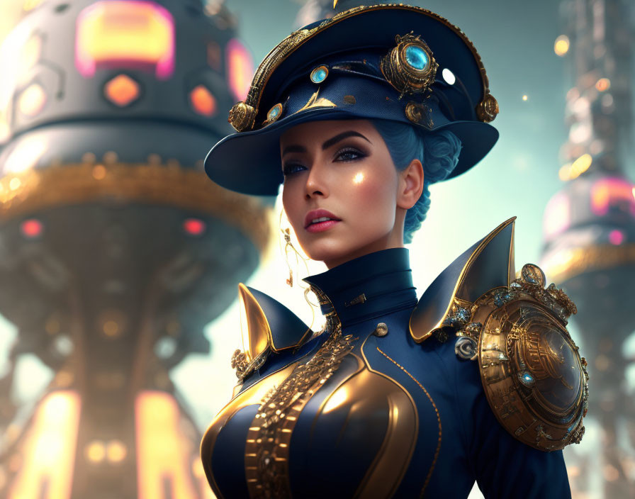 Futuristic woman in blue-and-gold military uniform with glowing elements against advanced spherical structures