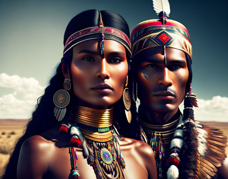 Two individuals in Native American attire against desert backdrop