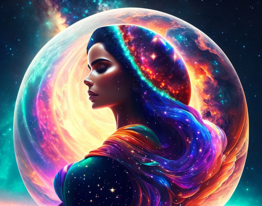 Surreal image of woman with galaxy hair and cosmic background