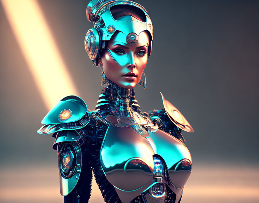 Detailed futuristic female robot with cybernetic enhancements and sleek armor on warm-toned backdrop