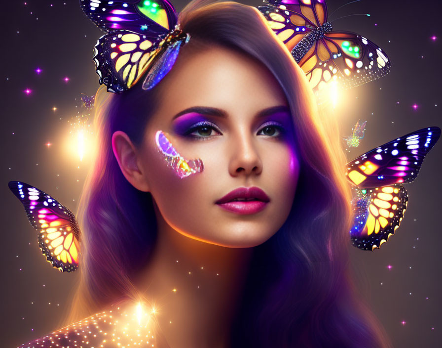 Colorful Makeup Woman Surrounded by Luminous Butterflies