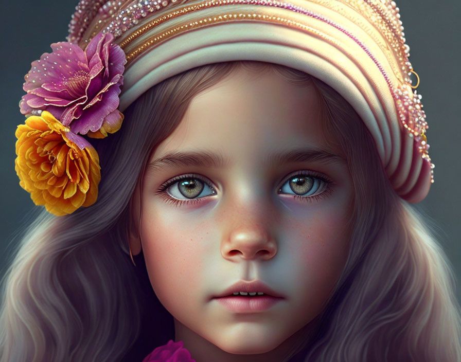 Young girl digital portrait with green eyes and pink headband.