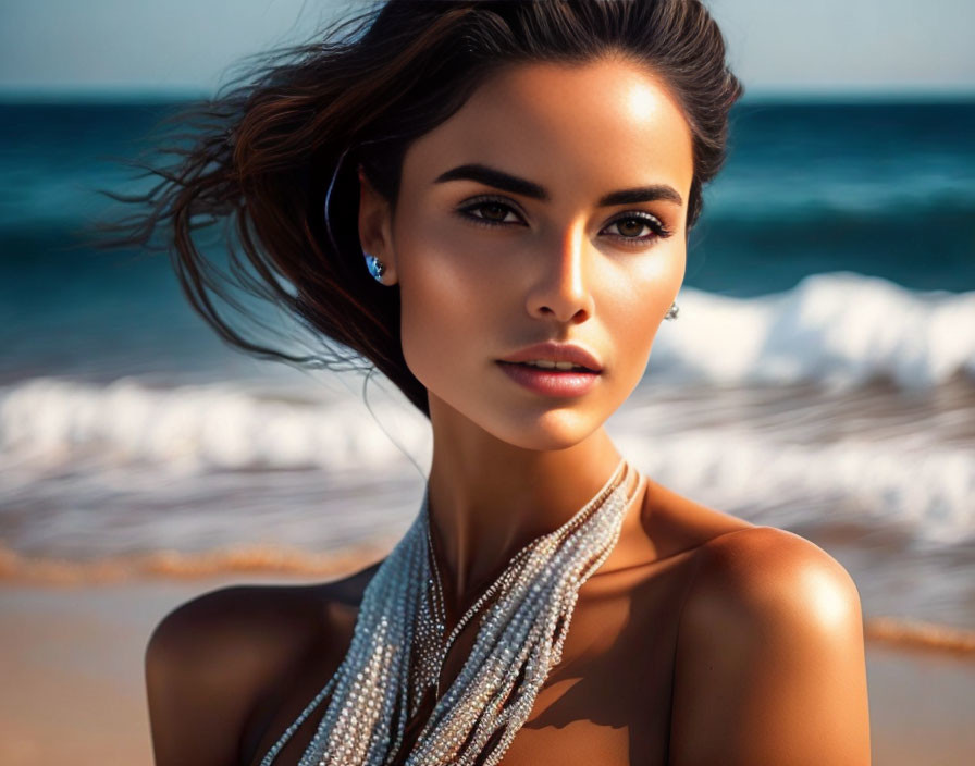 Dark-Haired Woman in Pearl Necklaces on Beach with Ocean Waves