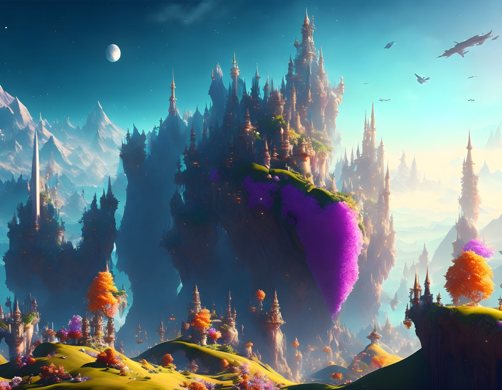 Fantastical landscape with floating islands, castle, dragons, autumn trees, mountains, twilight sky.