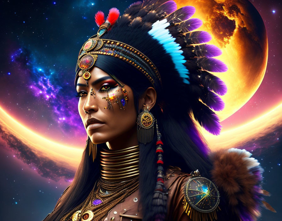 Woman in ornate tribal attire with feathered headdress under large moon on cosmic backdrop.