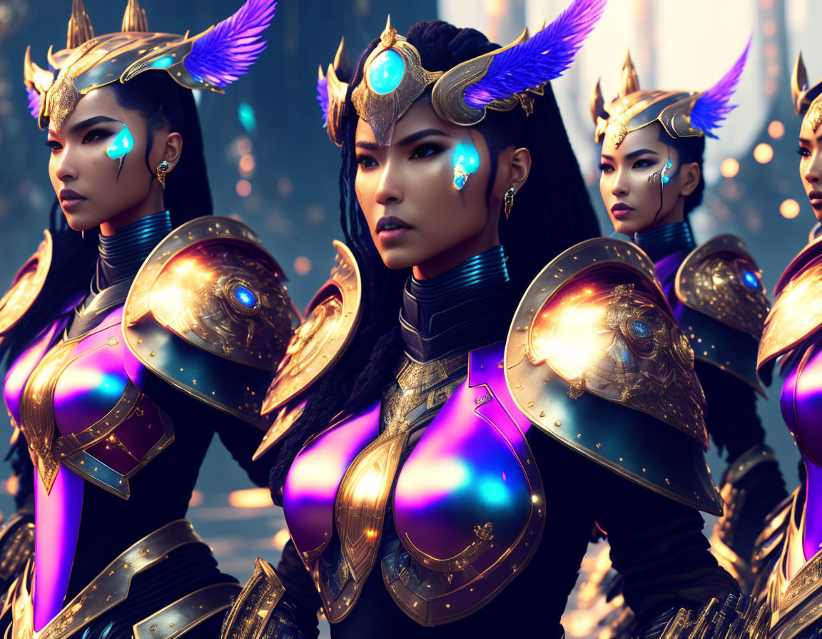 Fantasy women warriors in ornate armor with blue accents and feathered helmets