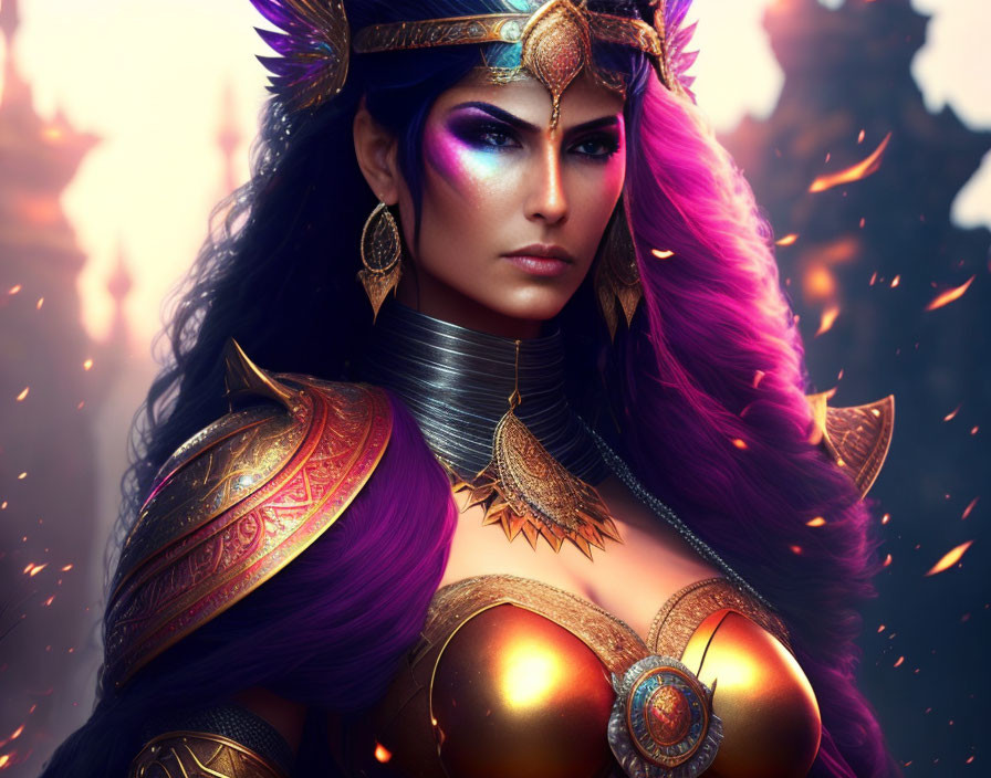 Regal fantasy warrior with purple hair and golden armor in fiery setting