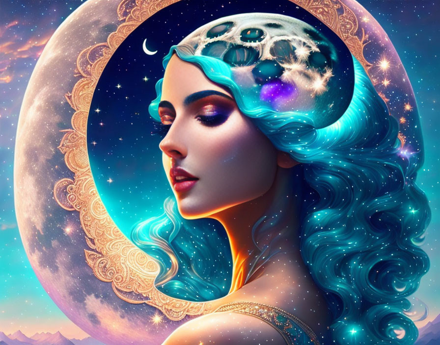 Surreal portrait: Woman with blue hair, crescent moon halo, starry sky, mountains