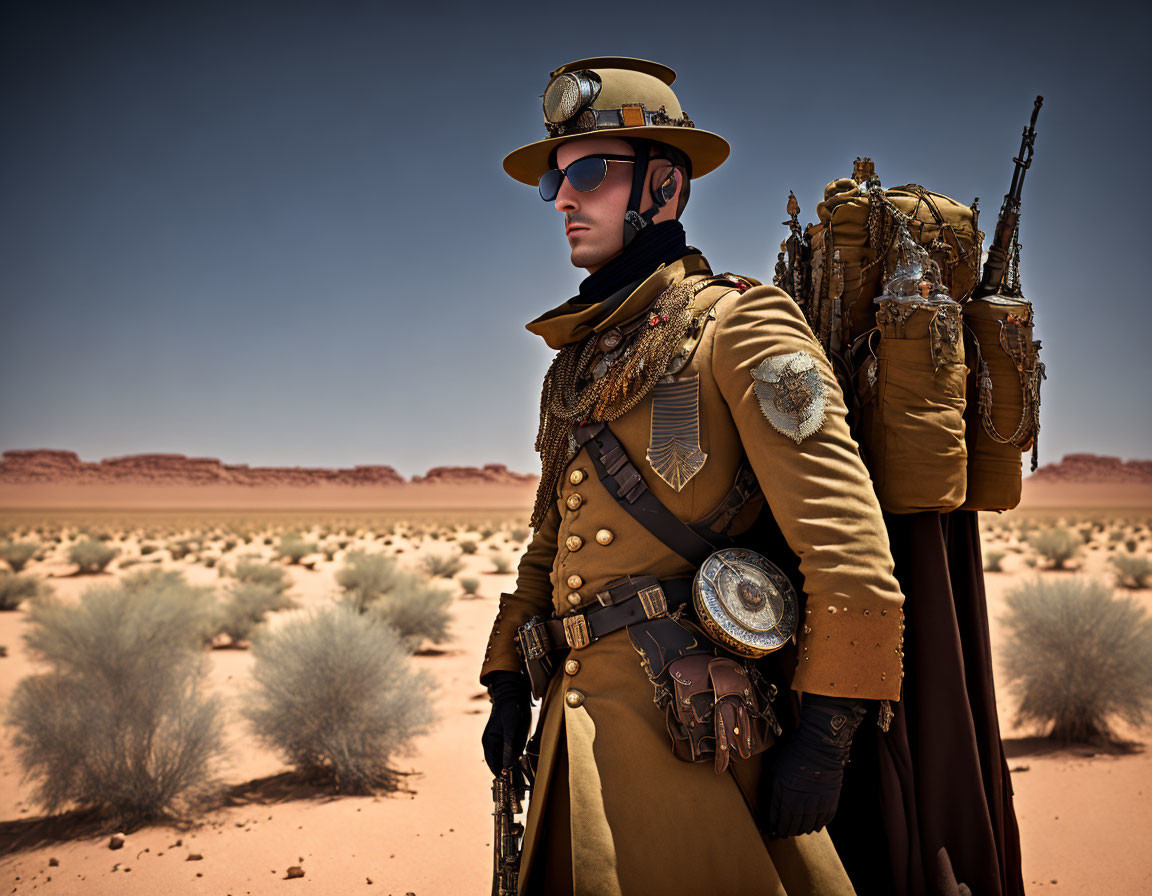 Steampunk-themed person in desert with long coat, goggles, hat, backpack, and rifle