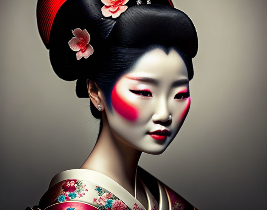 Traditional geisha portrait with red flowers on dark background