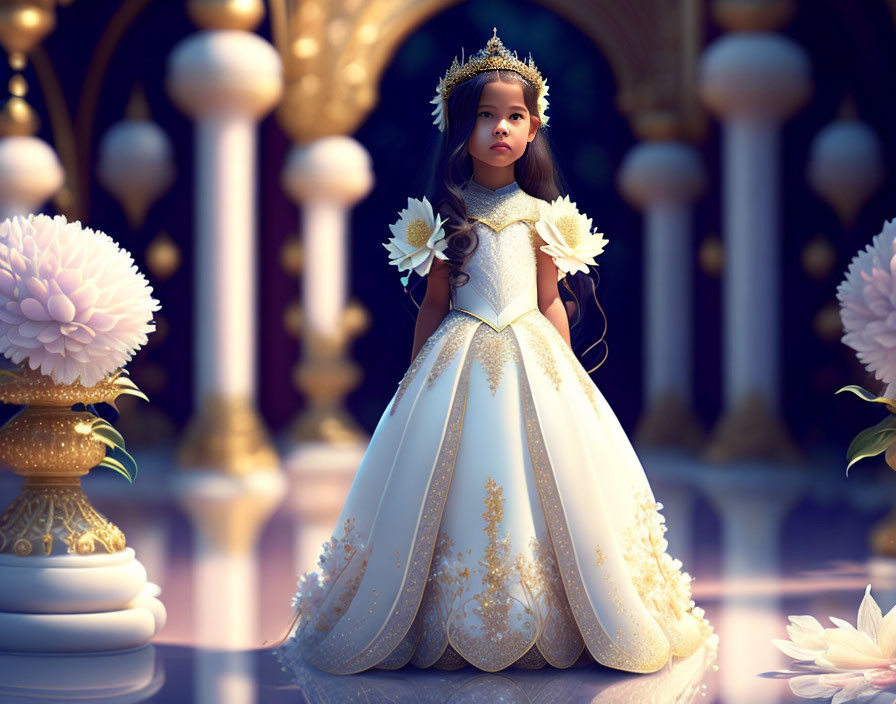 Young girl in white and gold gown with crown and flowers in regal setting