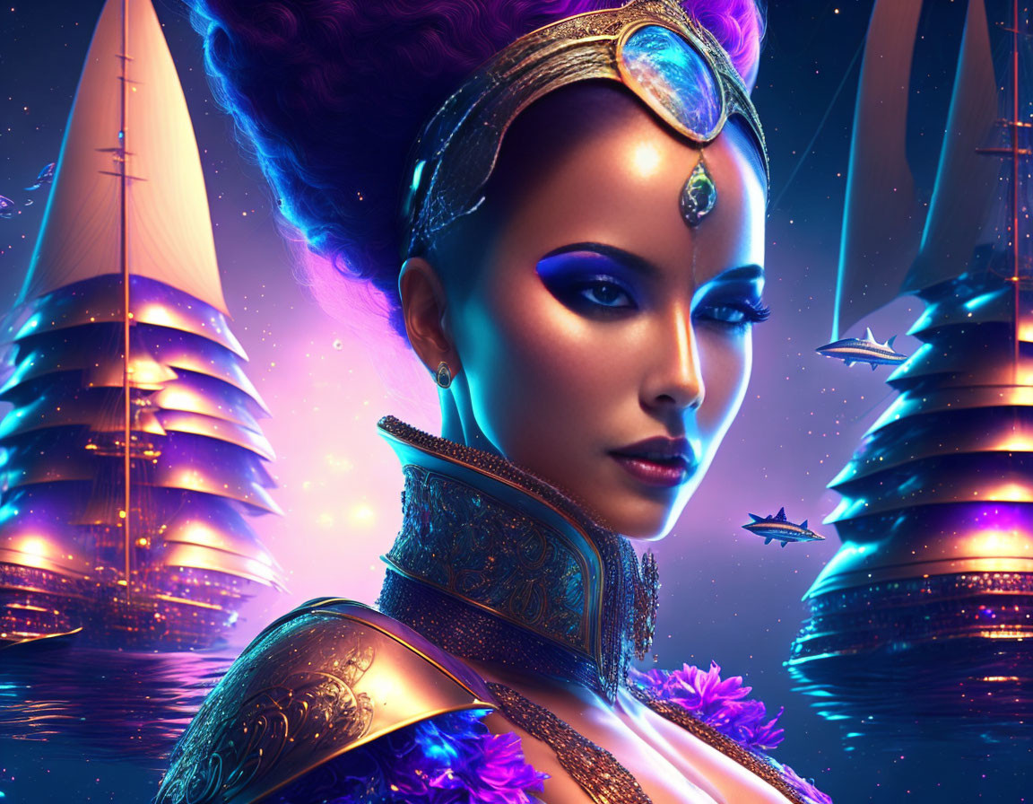 Futuristic portrait of woman with glowing makeup and jeweled headpiece amid neon-lit sailboats