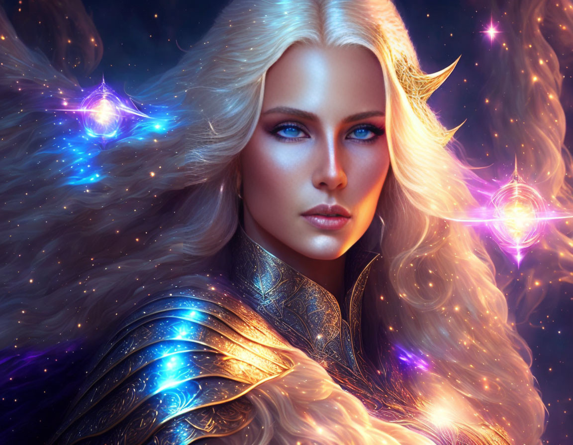 Fantasy-themed digital art: Woman with white hair and blue eyes in intricate armor against cosmic backdrop