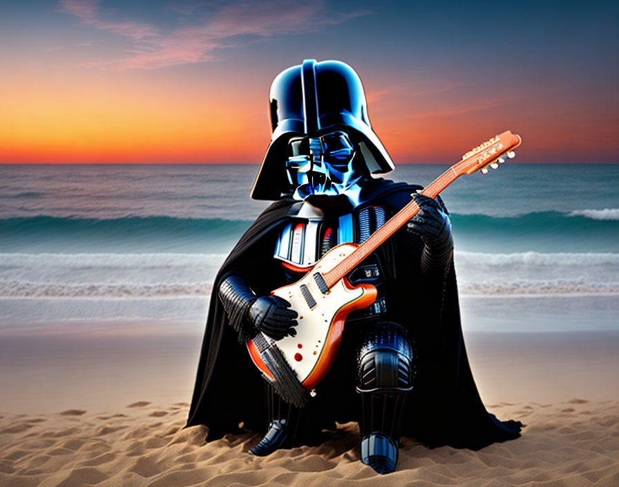 Sci-fi character plays electric guitar on beach at sunset