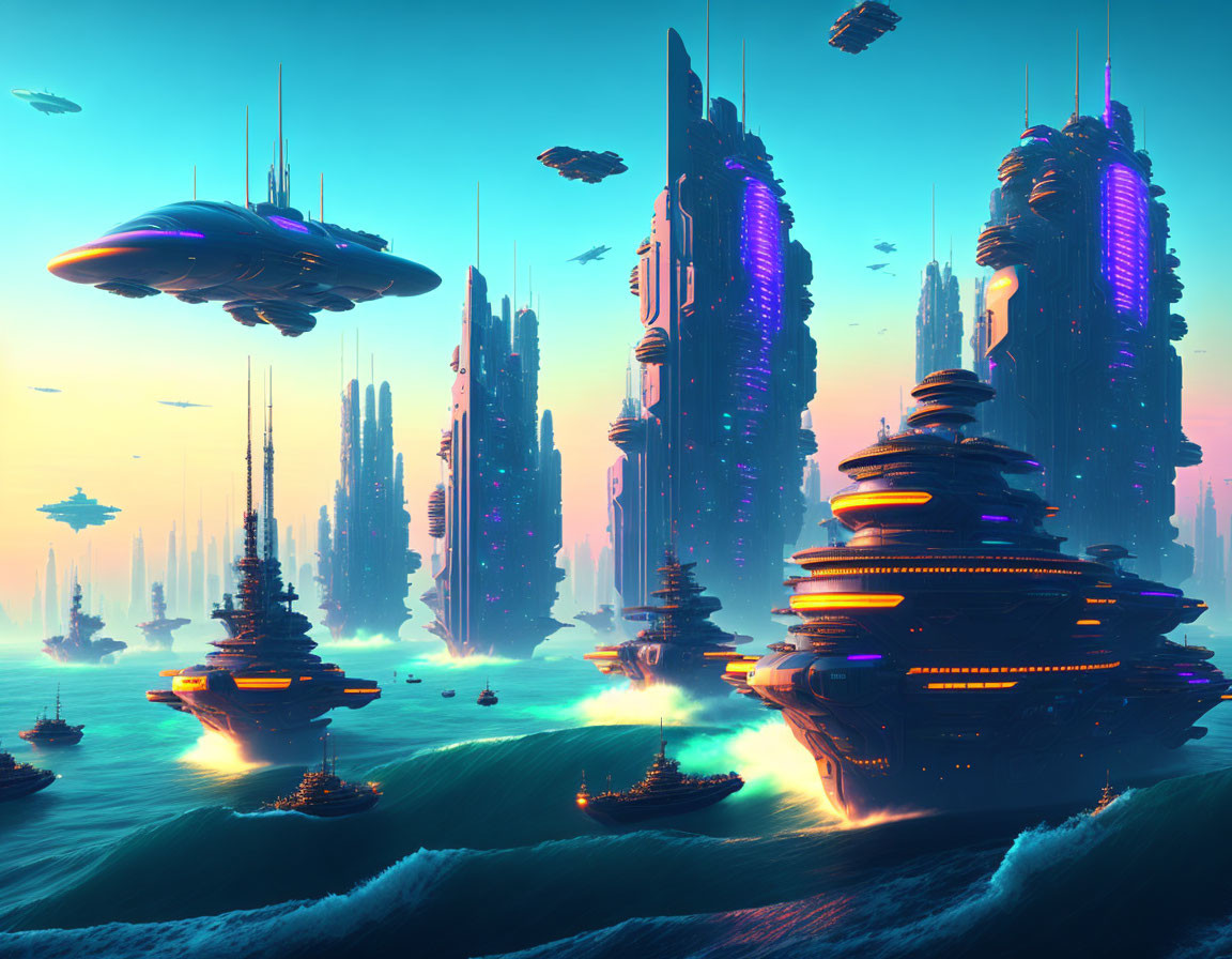 Futuristic cityscape with skyscrapers, flying vehicles, and ocean waves at twilight