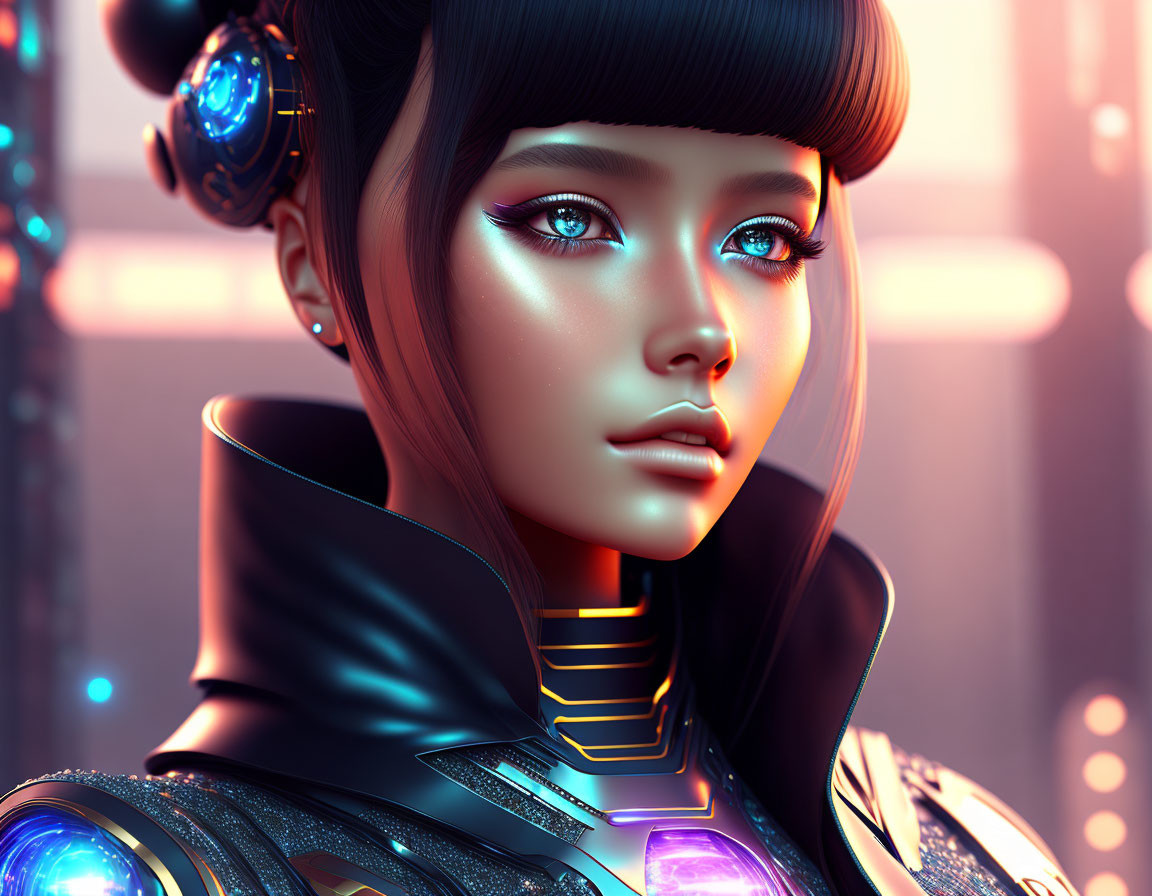 Futuristic female character in high-collared armored suit with neon lighting