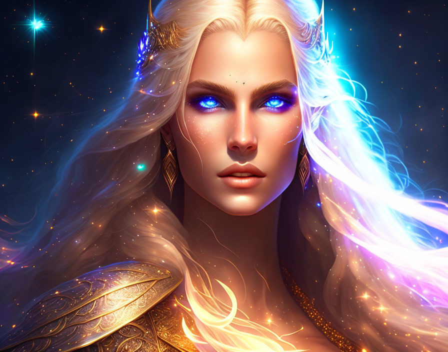 Fantasy illustration of woman with glowing blue eyes and white hair in golden armor