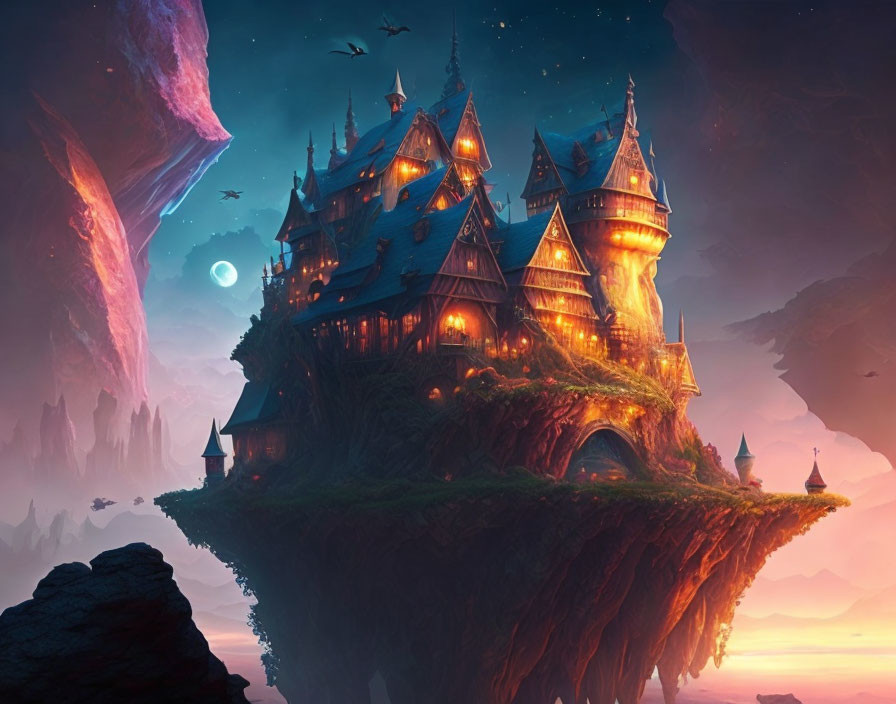 Fantastical floating island with glowing castle under twilight sky