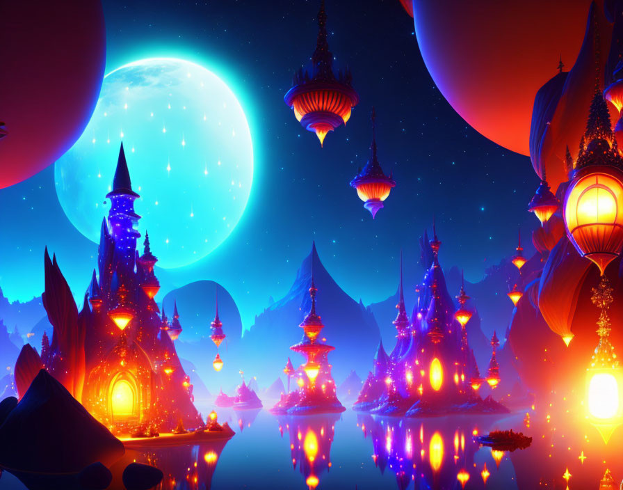 Fantasy night landscape with glowing structures, floating lanterns, moon, and water.