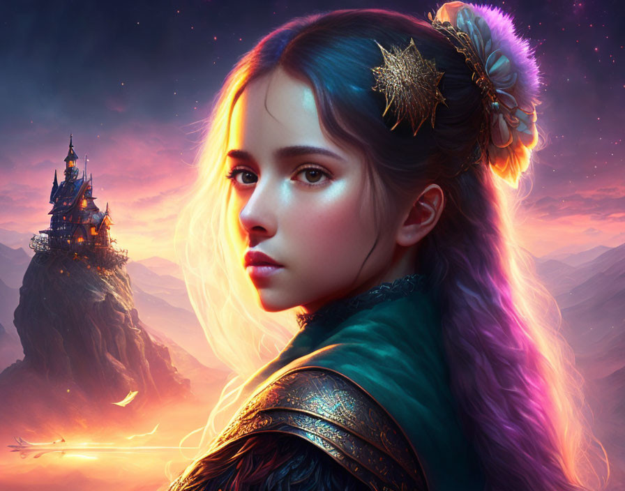 Digital Art: Woman with Blue Eyes and Colorful Hair in Fantasy Castle Scene