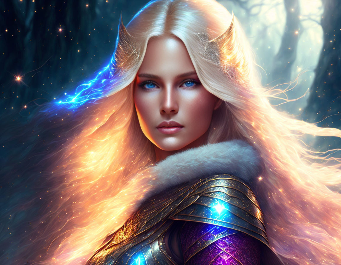 Fantasy Image: Woman with Glowing Hair in Mystical Forest