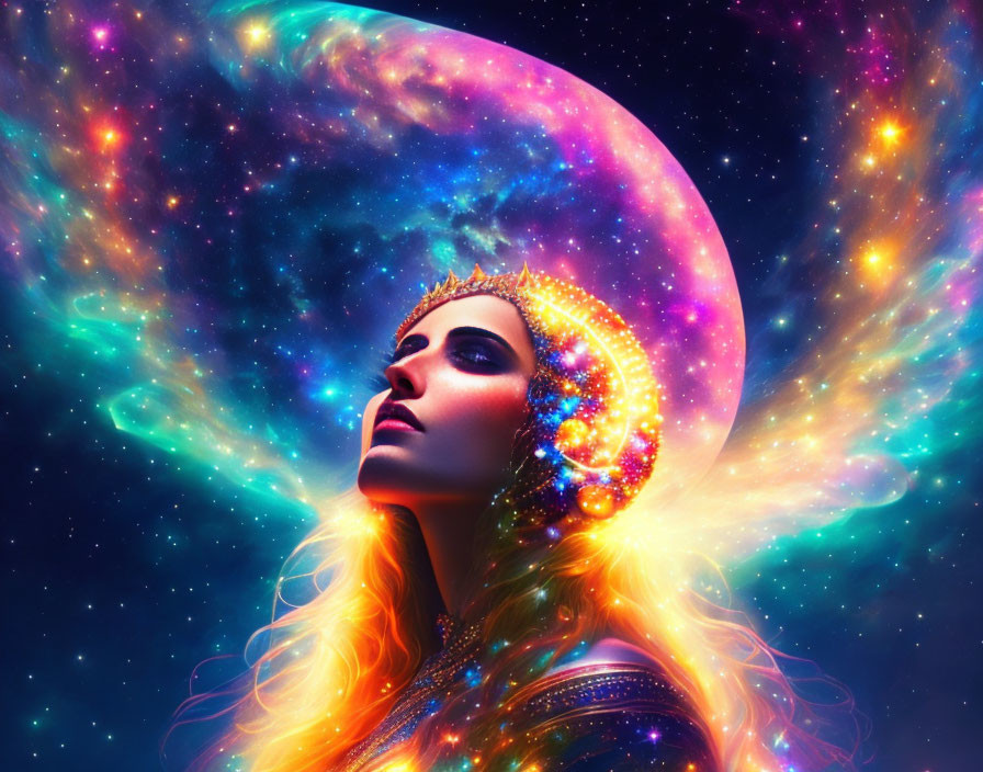 Celestial-themed woman with crown in front of moon and stars