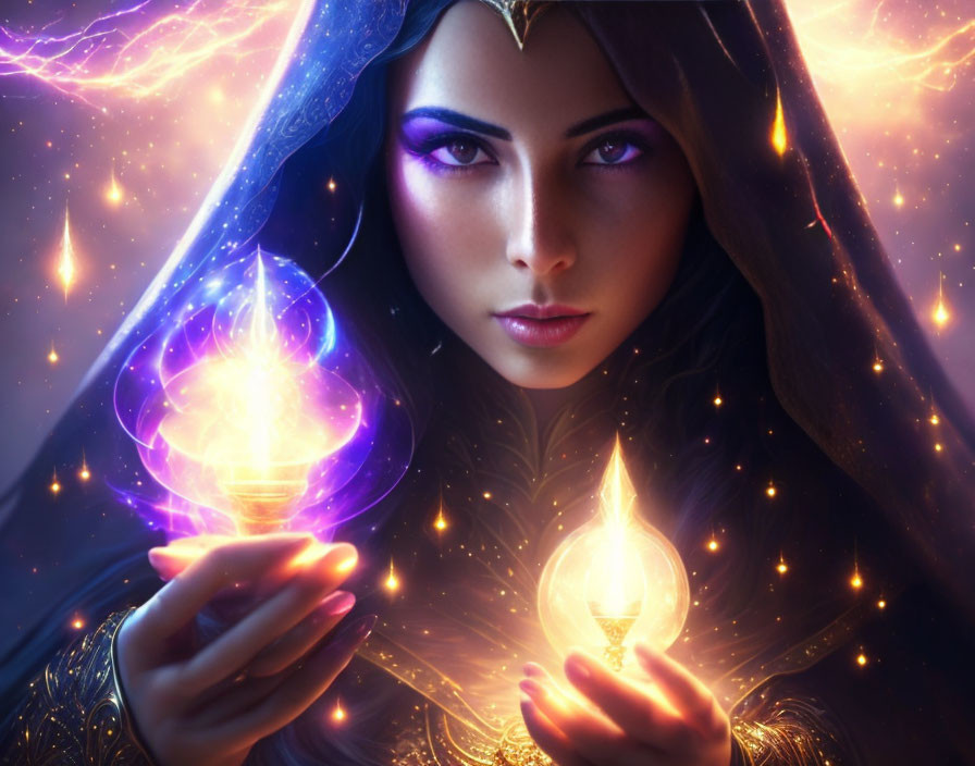 Mystical woman holding magical flames with intense eyes