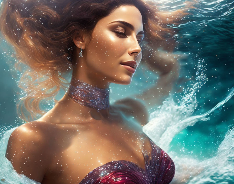 Woman with flowing hair and jewelry underwater in blue waves