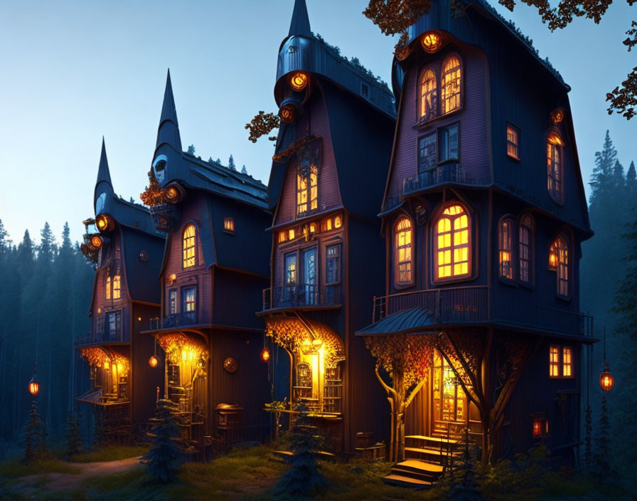 Gothic-style house in twilight forest with warm glowing lights