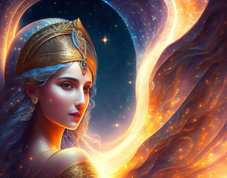 Fantastical portrait of serene woman with golden jewelry in cosmic setting