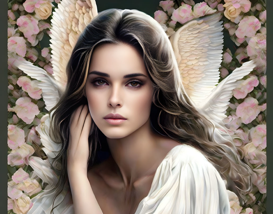 Digital portrait of woman with angel wings and pink roses, intense eyes, flowing hair