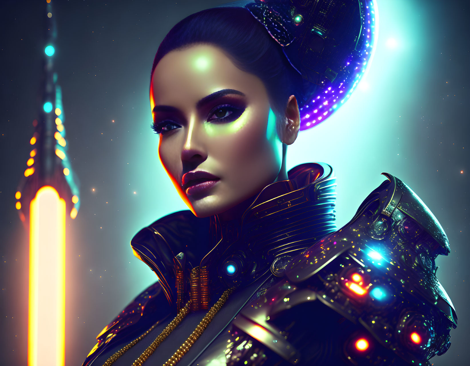 Futuristic female character with glowing makeup and sci-fi armor against starry backdrop