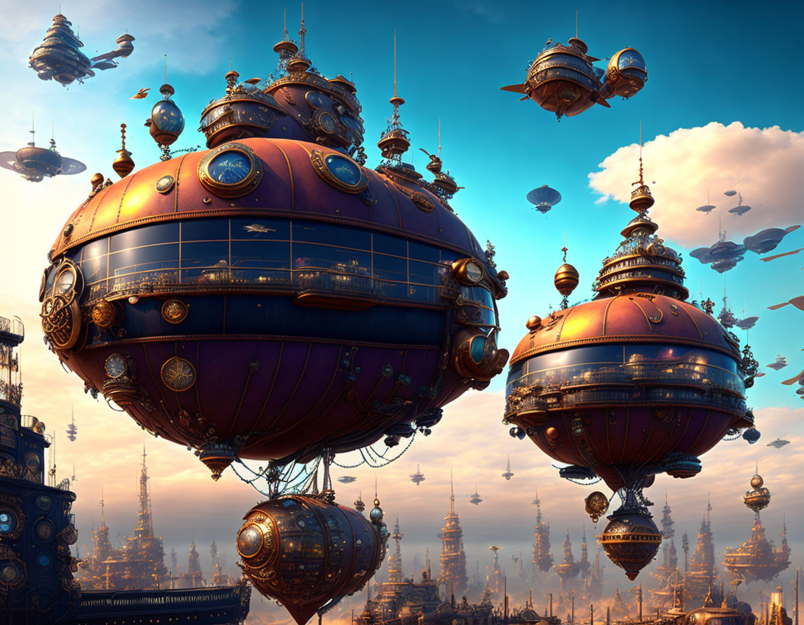 Steampunk-style airships in intricate cityscape under blue sky