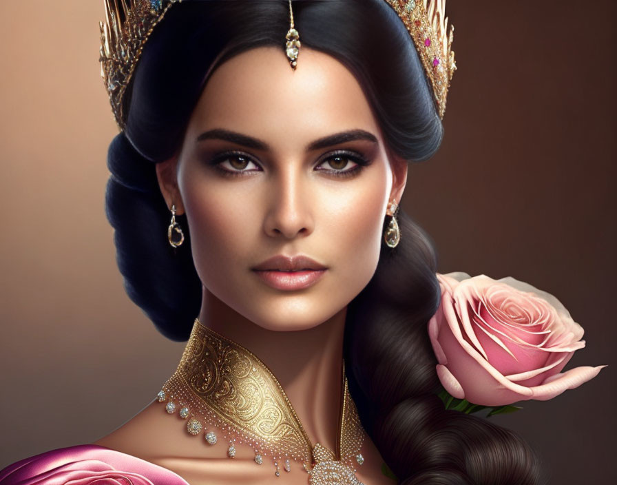 Digital artwork featuring a woman with a crown, elegant jewelry, and a pink rose