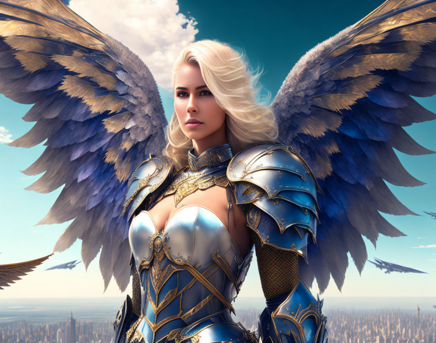 Female warrior with detailed wings in blue and silver armor against sky with clouds.