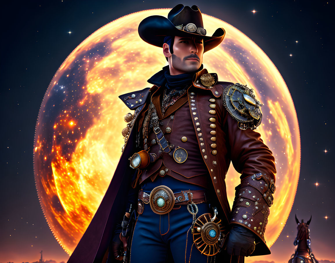 Digital art of cavalier with majestic posture against giant planet, adorned in decorated coat and hat, ev