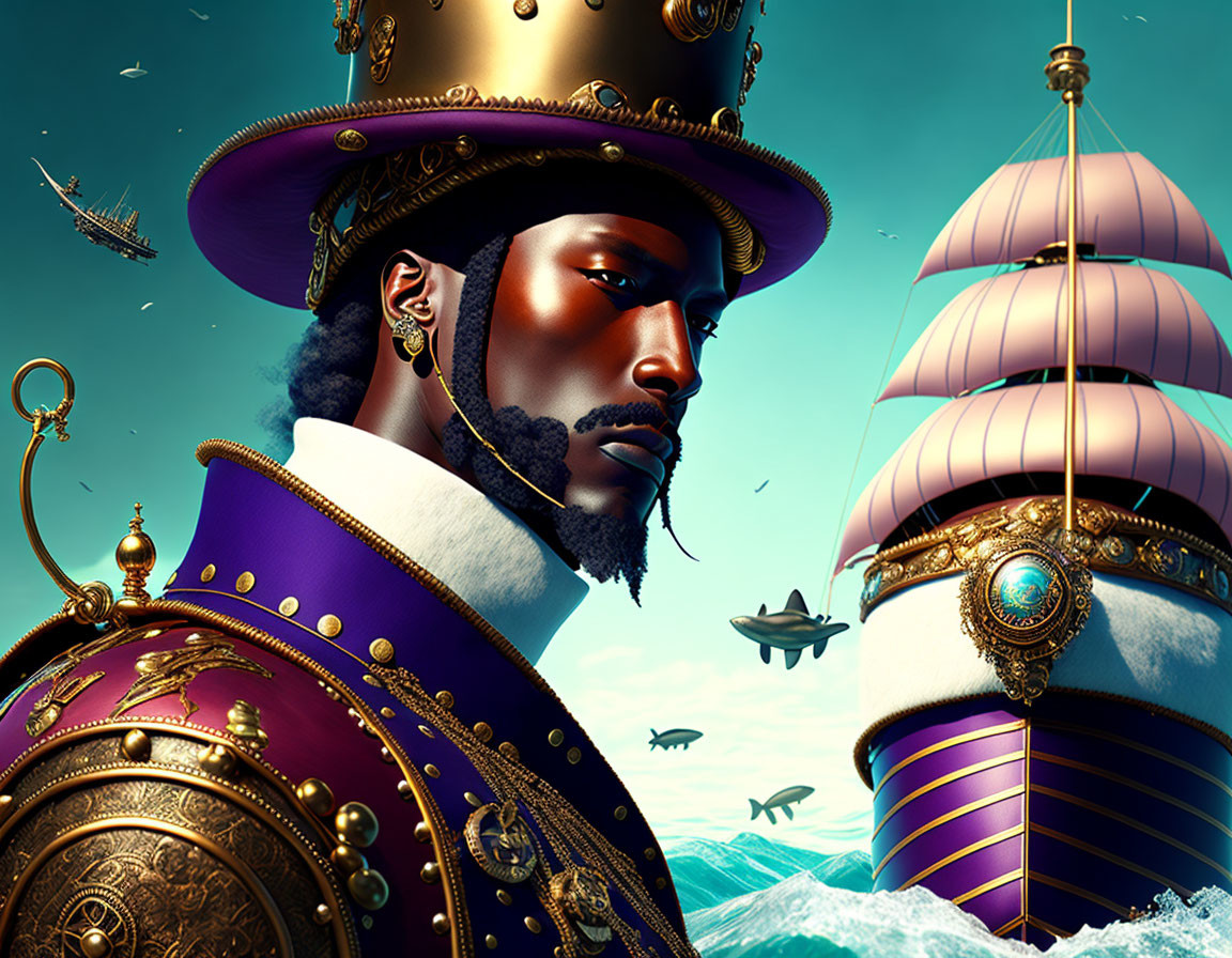 Regal man in golden-trimmed purple royal attire against fantastical backdrop