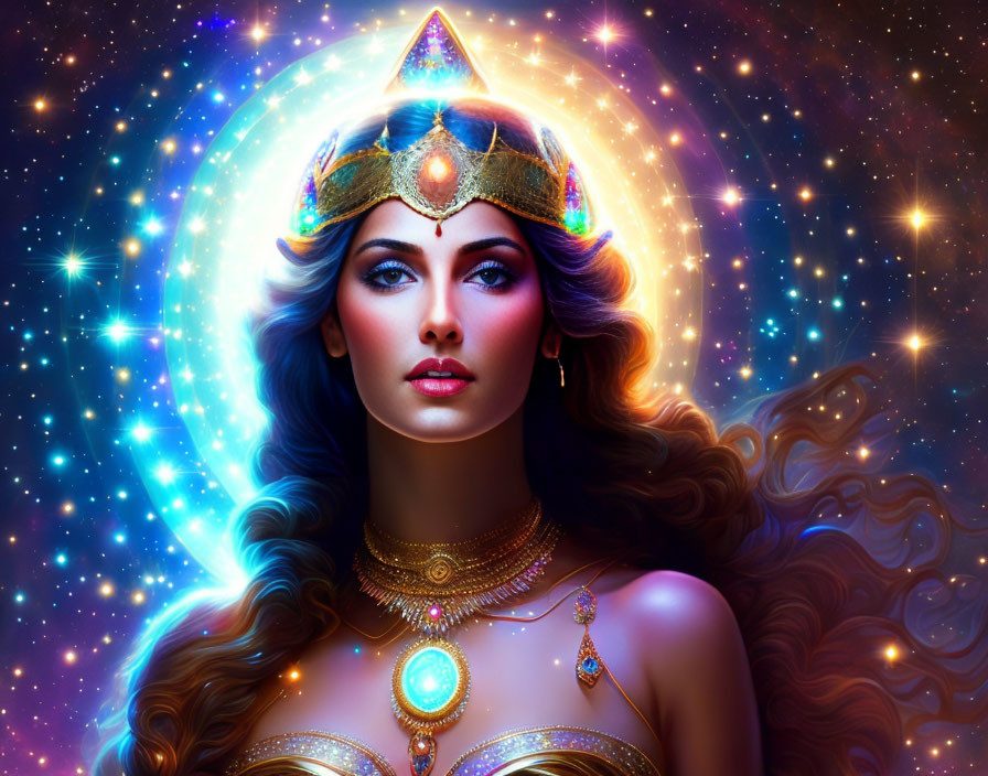 Fantasy illustration: Woman with cosmic features, golden crown, glowing aura.